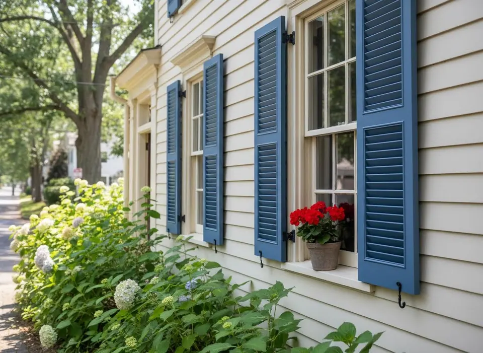 window on a home with colonial shutters