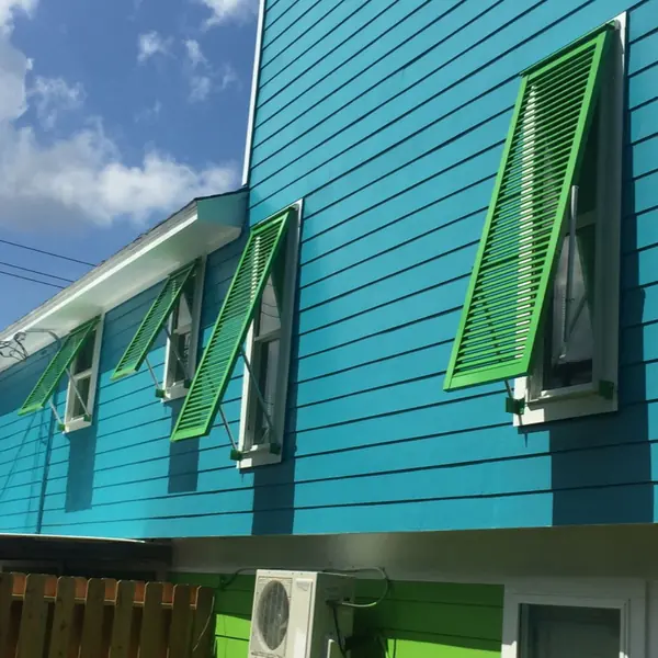 Bright green shutters on a blue house